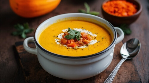 yellow butternut squash soup in a white pot sits on a wooden table